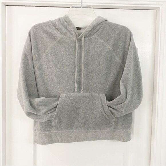 J Crew Size Small Gray Relaxed Velour Hoodie Hooded Sweatshirt Kangaroo Pocket - Picture 2 of 9